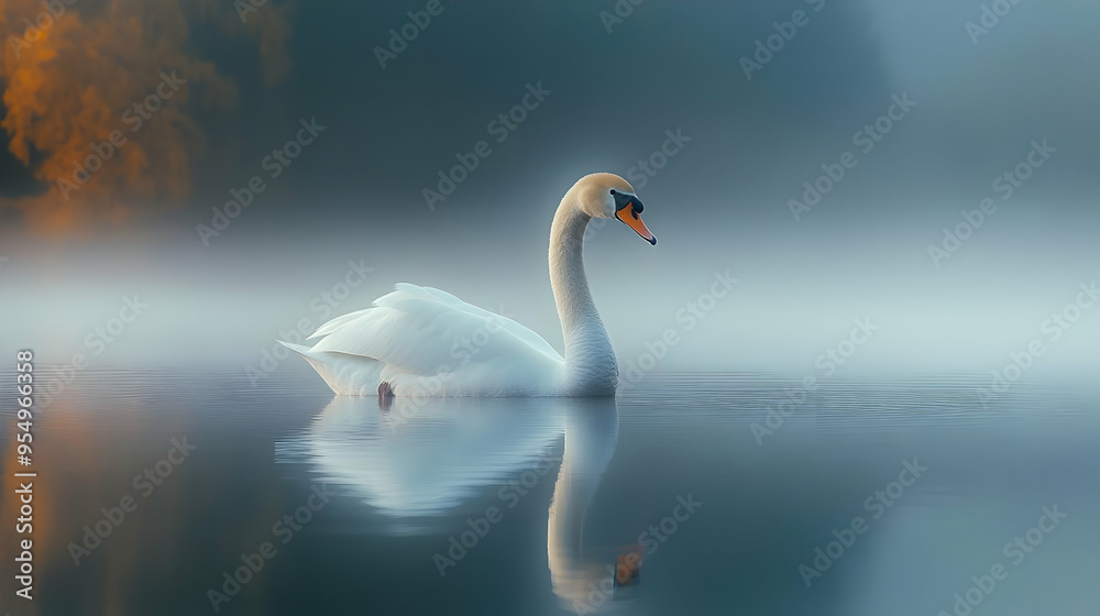 A Graceful White Swan Swims Through the Misty Water, Serenity and Tranquility Emitted in a Captivating Nature Scene A Graceful White Swan Swims Through the Misty Water, Serenity and Tranquility Emitted in a Captivating Nature Scene