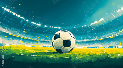 A Soccer Ball Resting on the Field with Bright Lights Above - Sport Stadium Background Animation