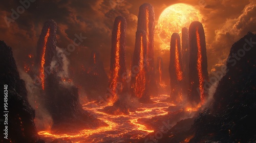 Concept art of volcanic planet with lava rivers towering magma pillars and alien creatures adapted to extreme heat