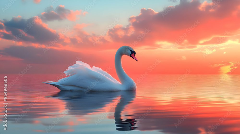 Fototapeta premium A Graceful White Swan Swimming on Calm Water with a Vibrant Sunset Sky