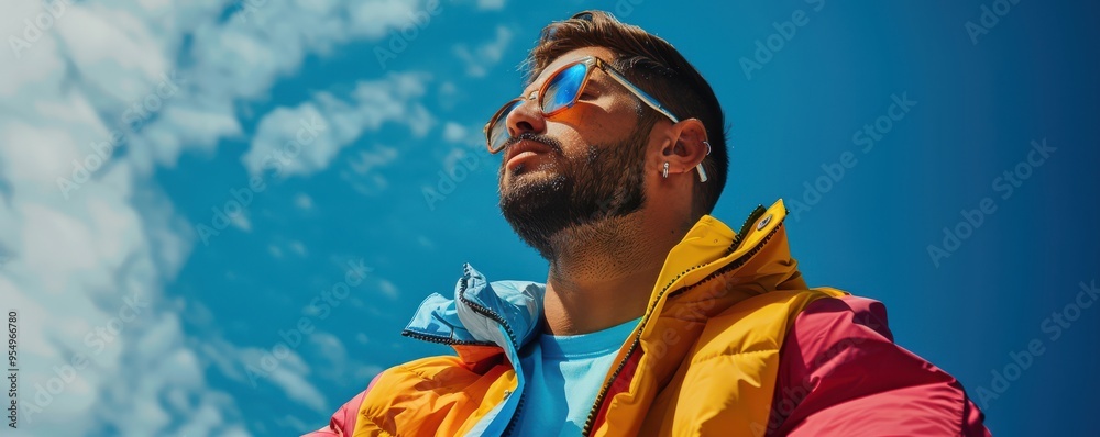 Fototapeta premium Stylish man in a colorful jacket and sunglasses in an urban setting, embracing street fashion.
