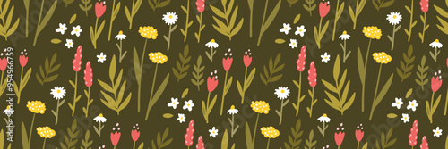Wild flowers pattern, seamless texture, flat vector illustration of meadow, small scale repeat motif, dark green background