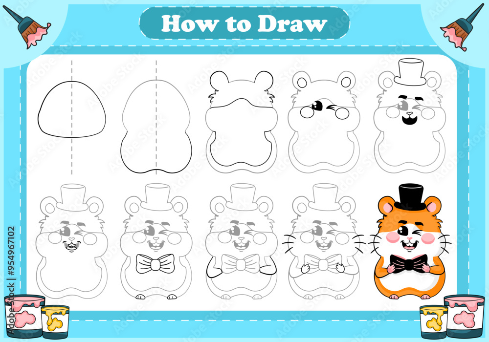 How to draw game for kids, drawing tutorial - cute hamster gentleman ...