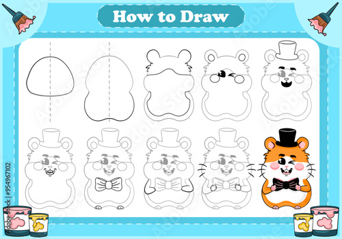 How to draw game for kids, drawing tutorial - cute hamster gentleman character with bow tie. Printable worksheet for children
