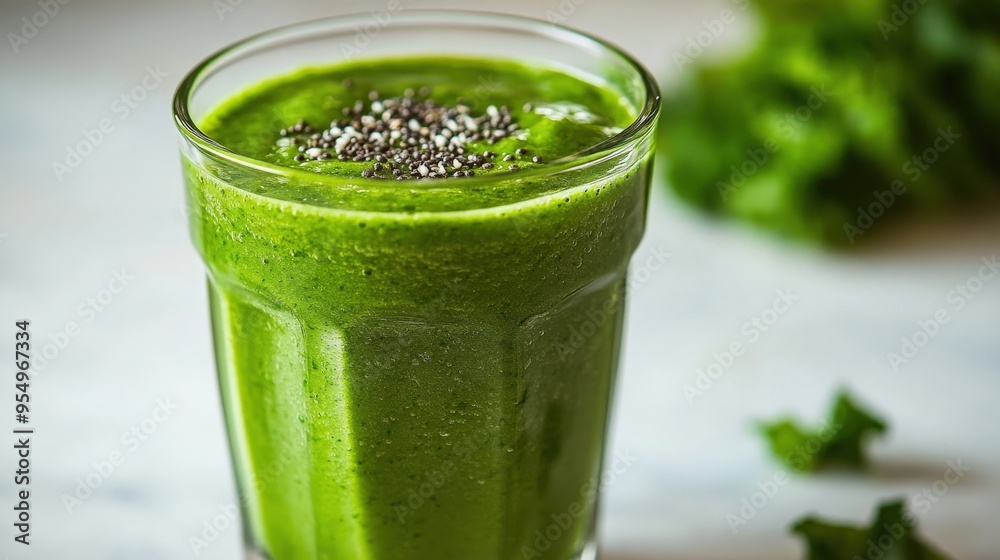 Healthy green smoothie in a clear glass, set on a plain white countertop, natural morning light, plenty of copy space around, No logo, No Trademark, No text Healthy green smoothie in a clear glass, set on a plain white countertop, natural morning light, plenty of copy space around, No logo, No Trademark, No text
