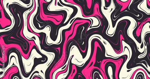 A vibrant abstract design featuring swirling patterns in pink, black, and cream, ideal for backgrounds or artistic projects.