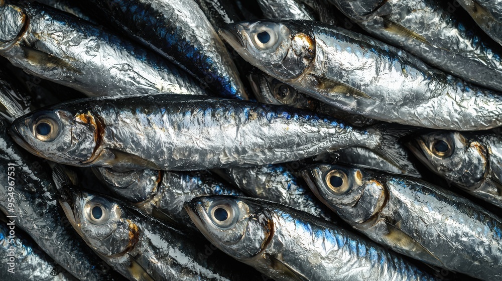 Close-up Top View of Fresh, Shiny Sardines Arranged in a Tight Pattern Close-up Top View of Fresh, Shiny Sardines Arranged in a Tight Pattern