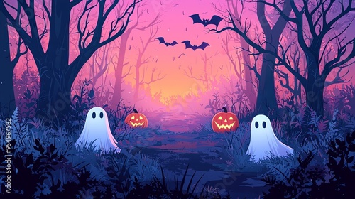 A haunted twilight forest, filled with spooky jack-o'-lanterns and ghostly spectres hovering around, adds an aura of mystery with bats flying in the colorful sunset sky. photo