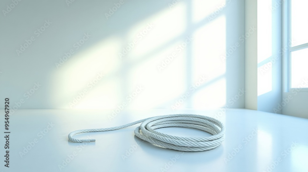 Single jump rope coiled on a clean white floor, minimalistic and soft natural light, extensive empty space for text, No logo, No Trademark, No text Single jump rope coiled on a clean white floor, minimalistic and soft natural light, extensive empty space for text, No logo, No Trademark, No text
