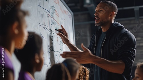 A Black male teacher is teaching children on the whiteboard, a cinematic shot of an American man in his late thirties wearing athletic wear, pointing at drawings on the board while he makes gestures