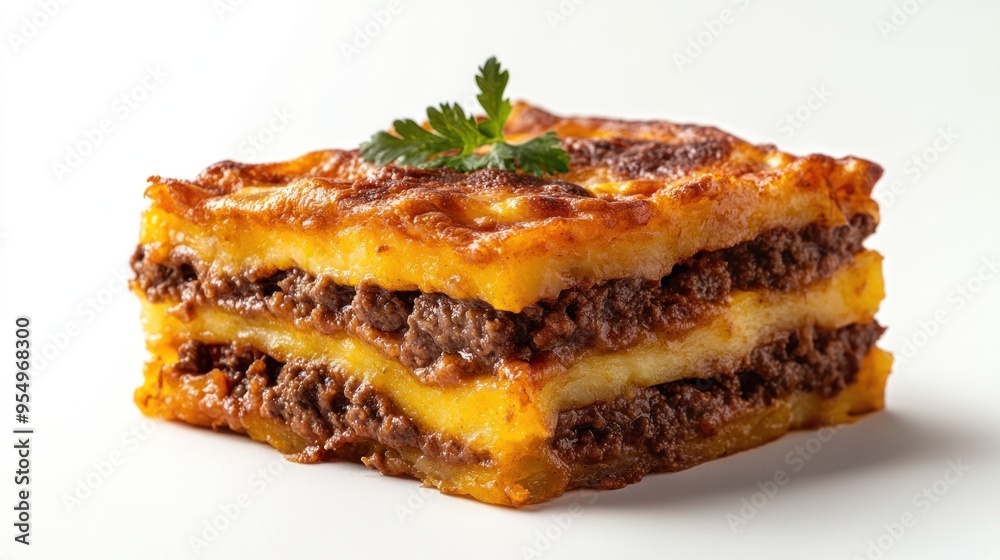 Close-up of a Baked Potato Casserole with Ground Beef and Parsley Garnish Close-up of a Baked Potato Casserole with Ground Beef and Parsley Garnish