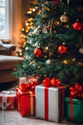 wrapped Christmas gifts with shiny ribbons and bows stacked under a evergreen tree in a cozy living room