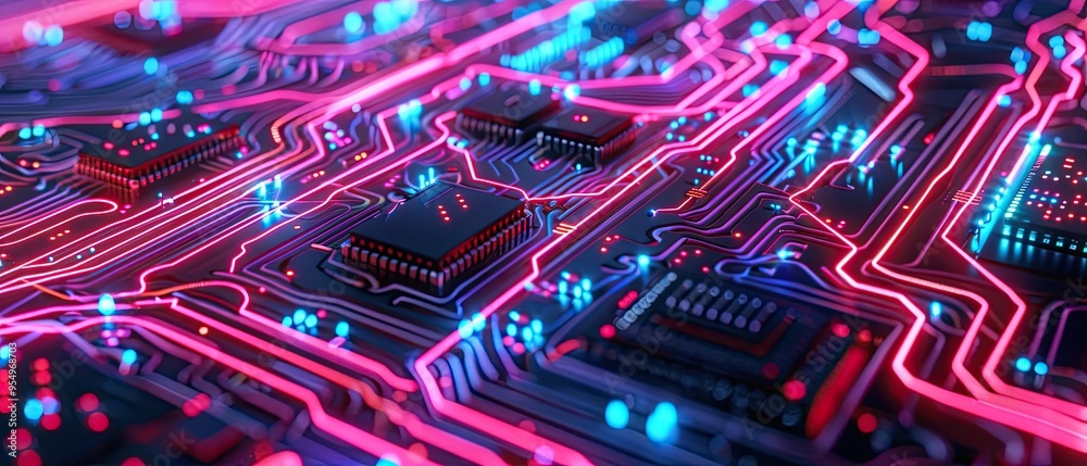 Neon-Lit Circuit Board with Glowing Lines and Chips