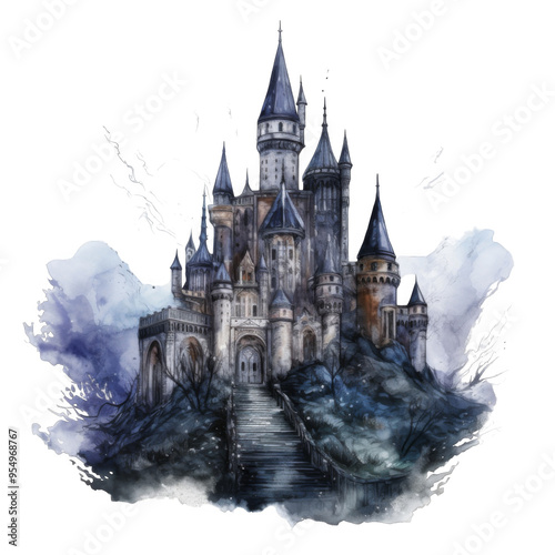 Watercolor Painting of a Majestic Stone Castle on a Hillside