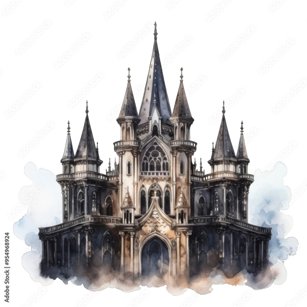 A Watercolor Painting of a Gothic-Style Castle in the Clouds A Watercolor Painting of a Gothic-Style Castle in the Clouds