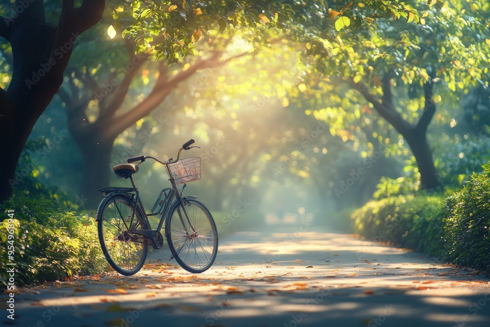 Simple family bicycle on a clean path, soft sunlight filtering through trees, large empty space for text, No logo, No Trademark, No text Simple family bicycle on a clean path, soft sunlight filtering through trees, large empty space for text, No logo, No Trademark, No text