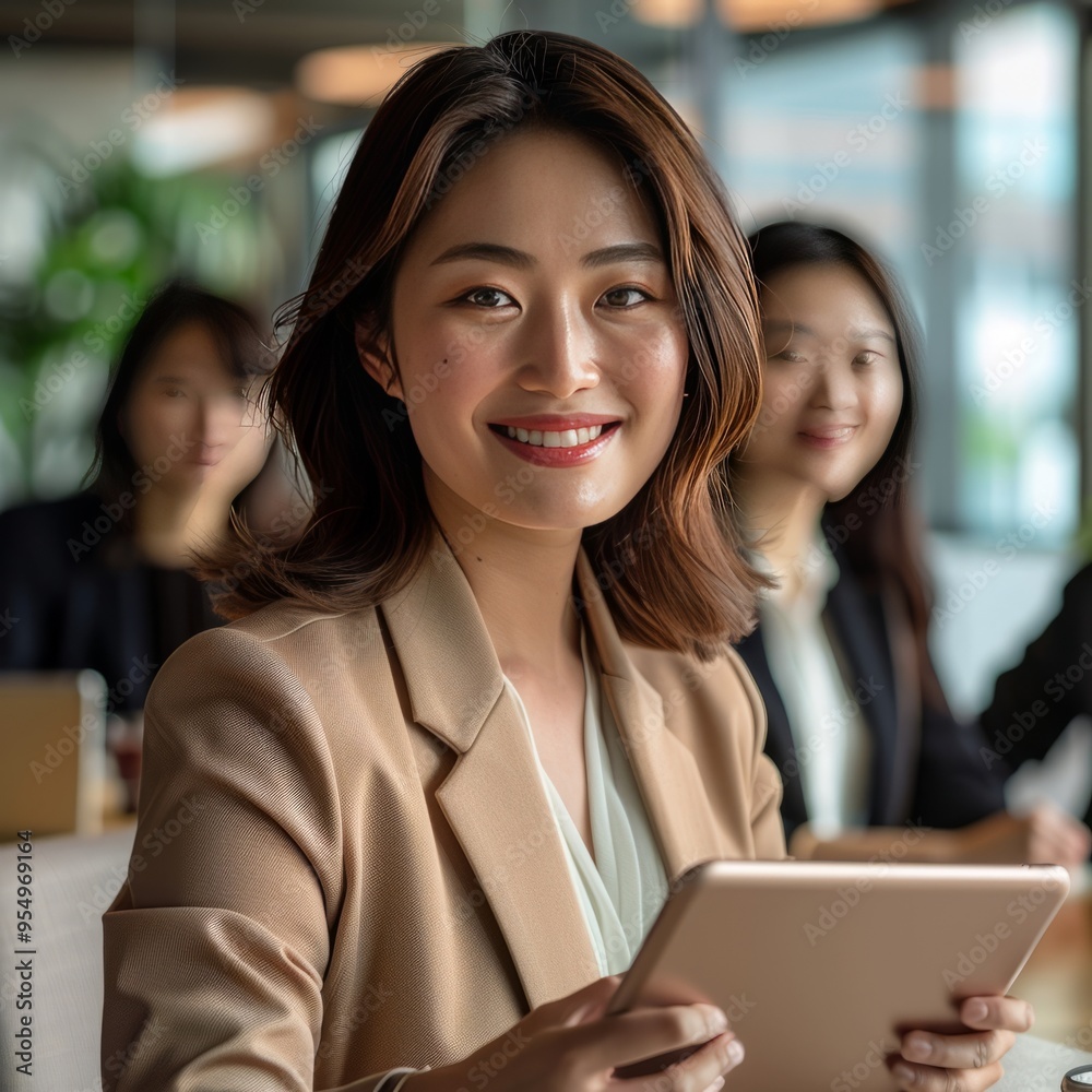 Smiling Businesswoman Holding Tablet in Modern Office Setting Smiling Businesswoman Holding Tablet in Modern Office Setting