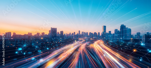 “A Blurred City Skyline with Light Trails Moving Toward the Horizon, Capturing the Energy and Motion of Urban Life” 