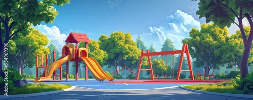 Wallpaper Mural Cartoon playground with slide and swings, a vibrant, fun space for children’s outdoor activities. Torontodigital.ca