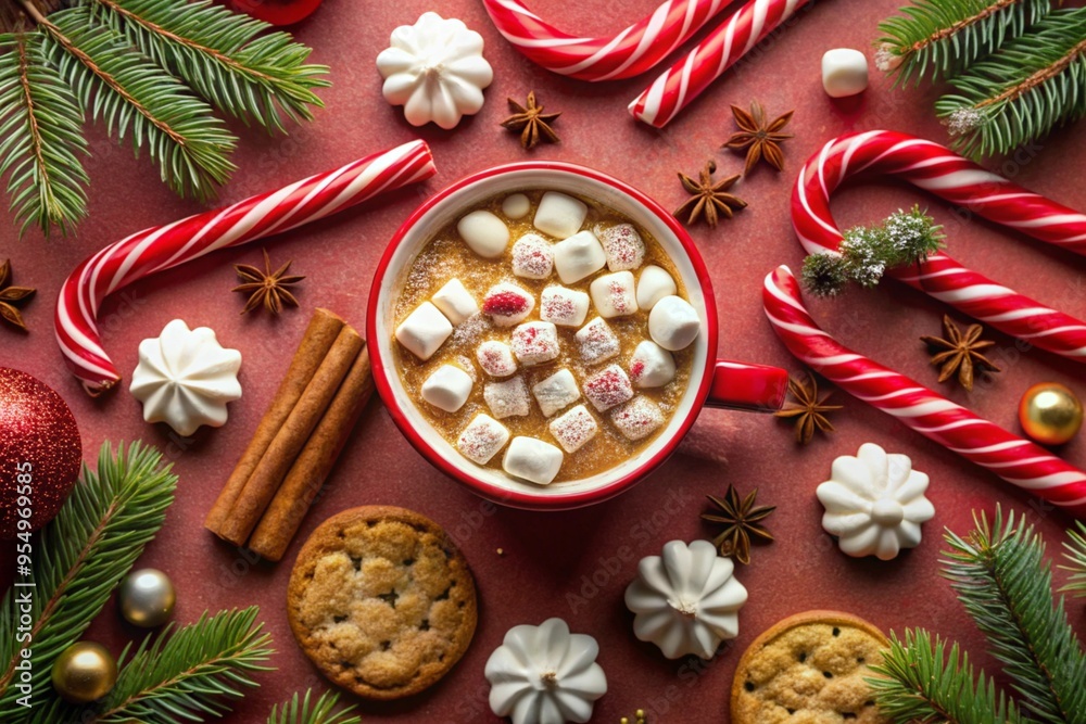 Flat lay of a cozy cup of hot chocolate topped with marshmallows Flat lay of a cozy cup of hot chocolate topped with marshmallows