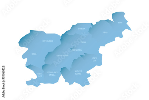 Slovenia political map of administrative divisions - statistical regions. Shaded vector map with 3D-like blue gradient and name labels