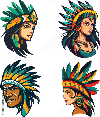 Vector Graphics Depicting Native Brazilian Men and Women in Traditional Attire