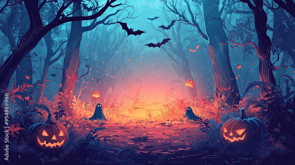 An enchanting sunrise illuminates a spooky forest, where glowing pumpkins and playful ghosts dwell, creating a harmonious blend of light and eeriness for Halloween. An enchanting sunrise illuminates a spooky forest, where glowing pumpkins and playful ghosts dwell, creating a harmonious blend of light and eeriness for Halloween.