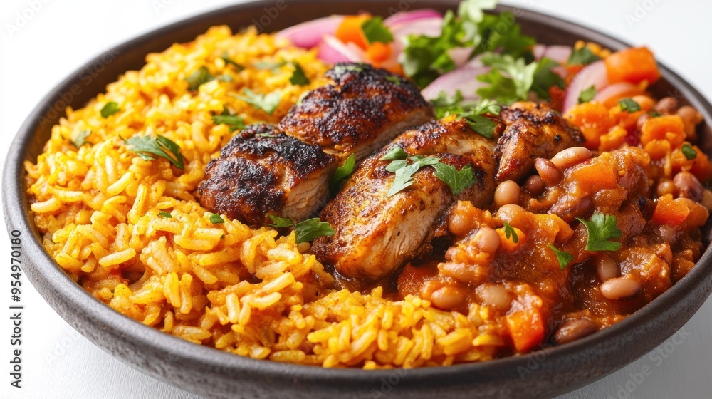 Chicken, Rice, and Beans Bowl with Parsley and Onion Garnish Chicken, Rice, and Beans Bowl with Parsley and Onion Garnish