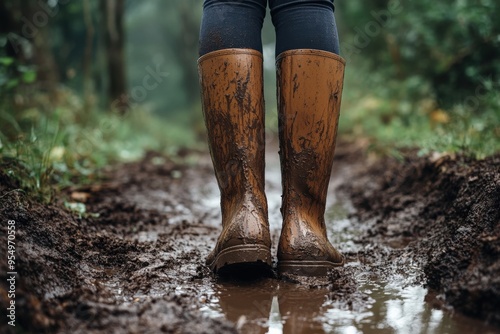 Single pair of rain boots on a muddy trail, minimal outdoor scene with soft light, large blank space surrounding, No logo, No Trademark, No text photo