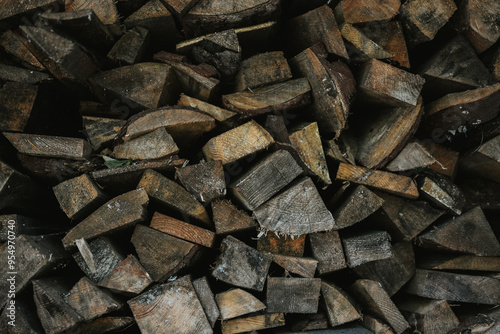 close-up of firewood trees stacked in a pile