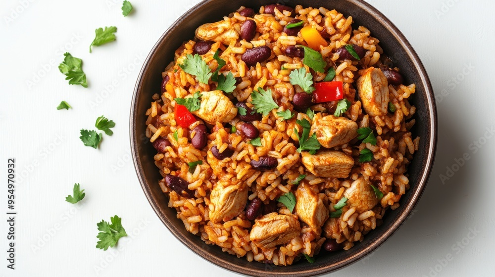 Bowl of Chicken and Black Bean Rice with Cilantro Garnish Bowl of Chicken and Black Bean Rice with Cilantro Garnish