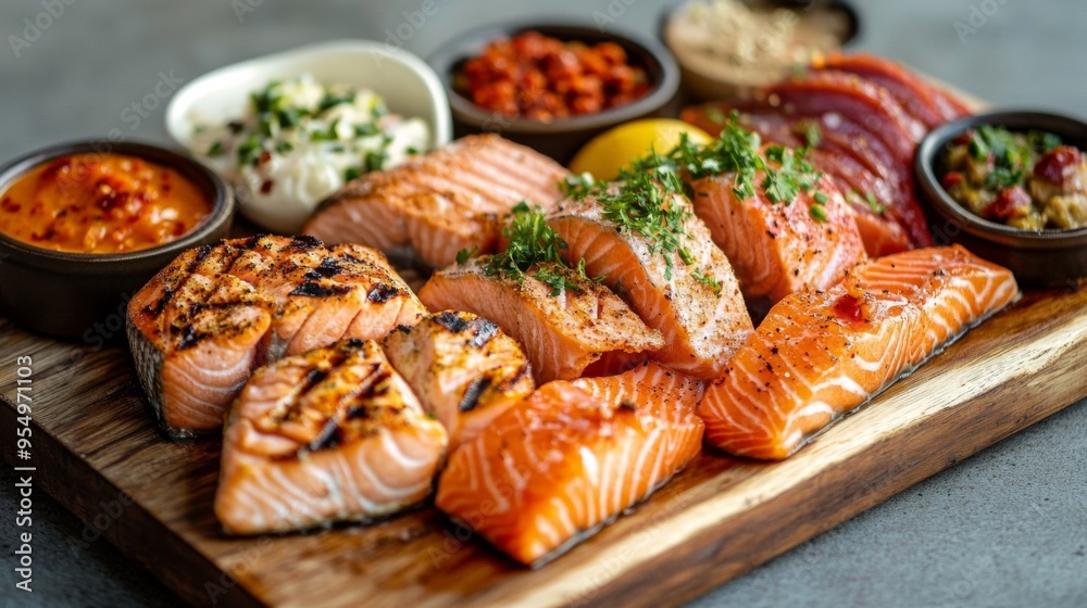 A gourmet seafood platter showcasing a variety of salmon preparations, including grilled, poached, and smoked, served with dipping sauces. A gourmet seafood platter showcasing a variety of salmon preparations, including grilled, poached, and smoked, served with dipping sauces.