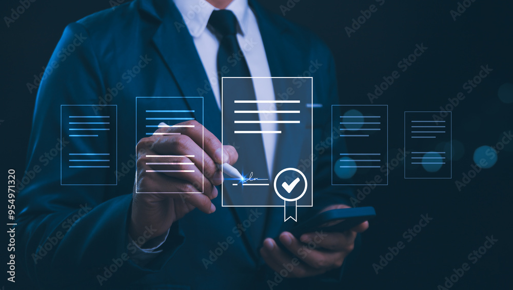 E-signing, electronic signature, document management, paperless office. Businessman signing on e document on digital tablet, virtual notepad on virtual screen, Online contract signing with application