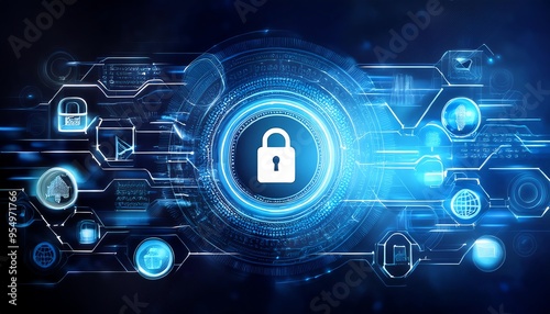 Cyber Security, Internet and Networking on a Dark Blue Background Suitable for Web, Apps, Presentation, or Printable Meanings