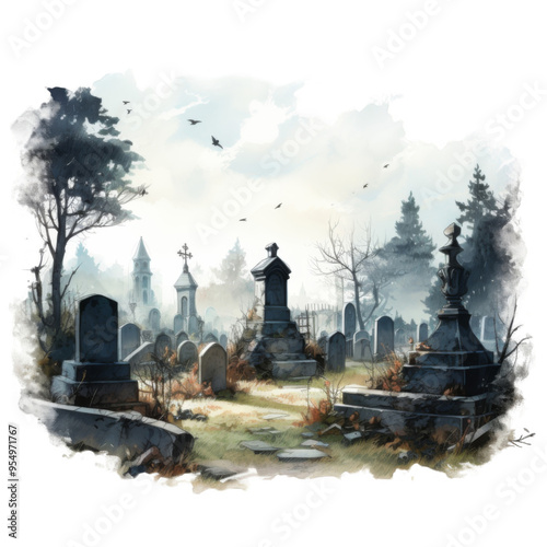 A Foggy Graveyard with Stone Tombs and a Tall Steeple
