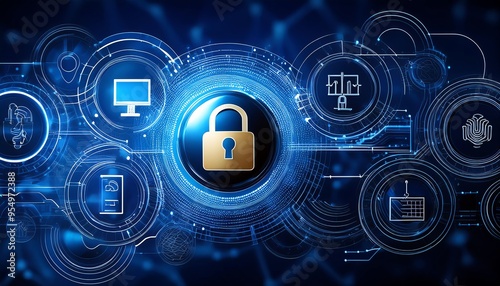 Cyber Security, Internet and Networking on a Dark Blue Background Suitable for Web, Apps, Presentation, or Printable Meanings