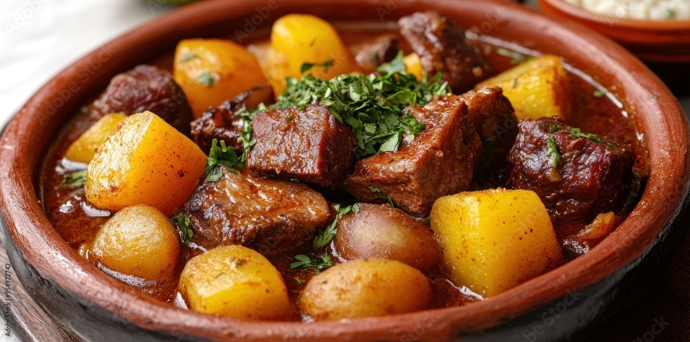 Close-up of a Clay Pot with Beef Stew and Potatoes Close-up of a Clay Pot with Beef Stew and Potatoes