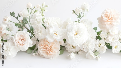 A graceful arrangement of white and pastel-colored flowers, such as roses and carnations, in a simple, elegant composition on a white background.
