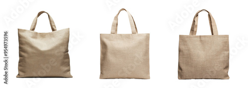 A set of three eco-friendly jute tote bags represents sustainability and plastic reduction, isolated on a transparent background