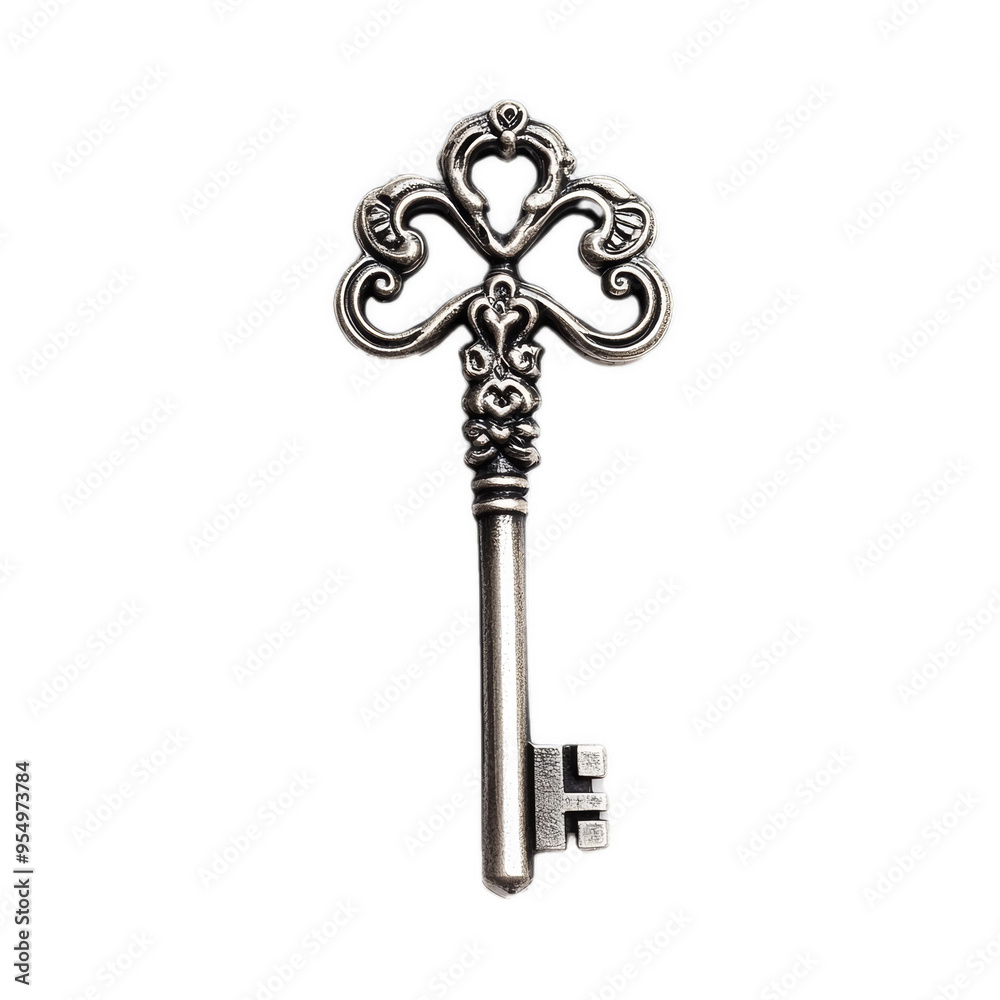 A Victorian style silver key with an intricate heart shaped bow isolated on a transparent background A Victorian style silver key with an intricate heart shaped bow isolated on a transparent background