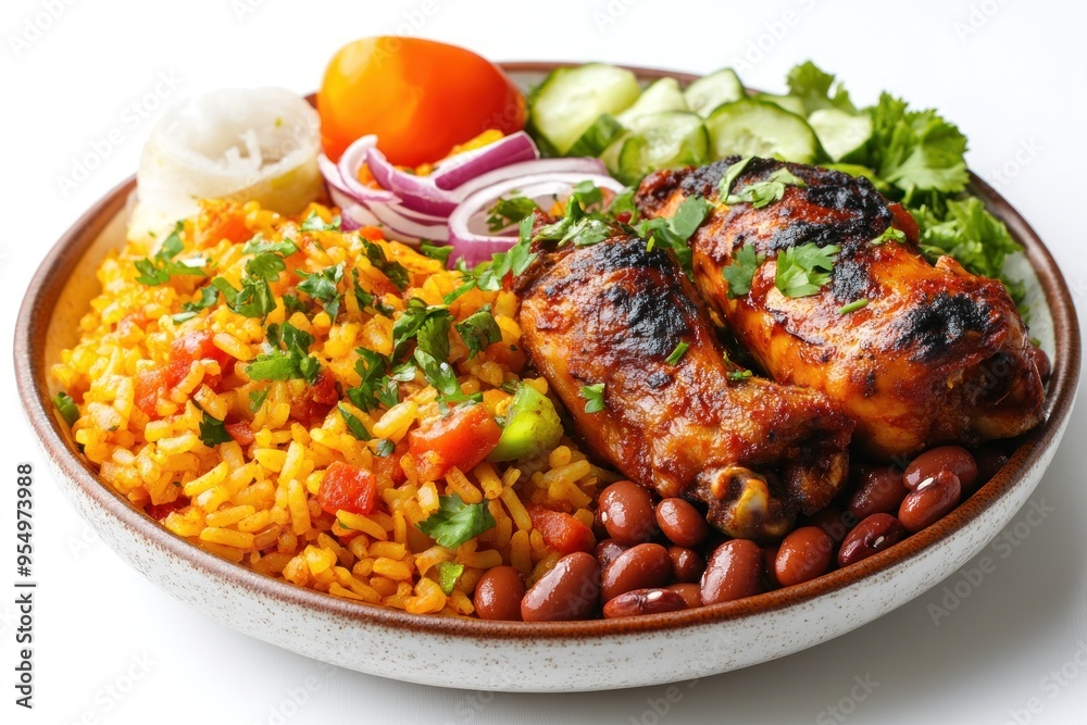 Fototapeta premium Bowl of Rice, Beans, Chicken, and Vegetables