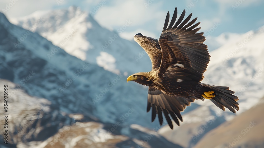 Fototapeta premium Majestic eagle soaring with visible air currents in a mountain range, freedom, natural flight.