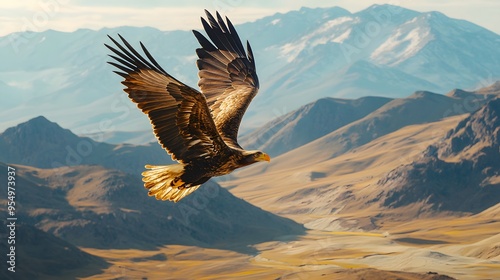 Majestic eagle soaring with visible air currents in a mountain range, freedom, natural flight.