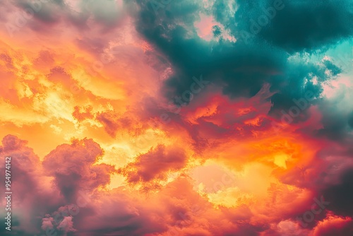 colorful clouds and sky,Dusk, Sunset Sky Clouds in the Evening with colorful Orange, Yellow, Pink and red sunlight and Dramatic storm clouds on Twilight sky, Landscape horizon , ai