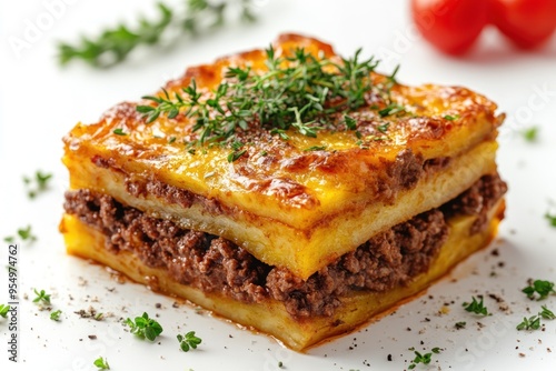 Closeup of a Potato and Ground Beef Casserole Topped with Thyme