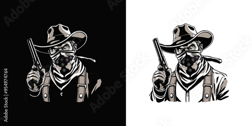 Cowboy with gun mascot logo. Cool bandit cowboy logo design, Western Gunslinger Bandit Wild West Cowboy Gangster with Bandana Scarf Mask