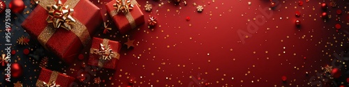 Christmas banner. Realistic gold gift box with red bow, pine branches, golden stars and glitter confetti. Xmas background, cover, poster, greeting cards, headers website.