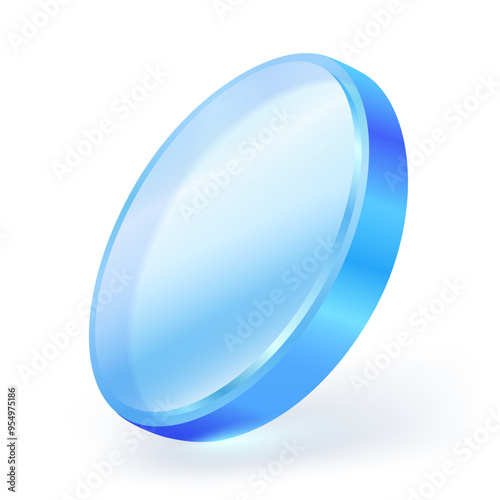 Blue circle crystal glass button material. Blank application icon glass panel or acrylic with reflection isolated on white background. 3D vector illustration.