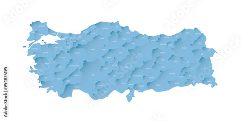 Turkey political map of administrative divisions - provinces. Shaded vector map with 3D-like blue gradient and name labels