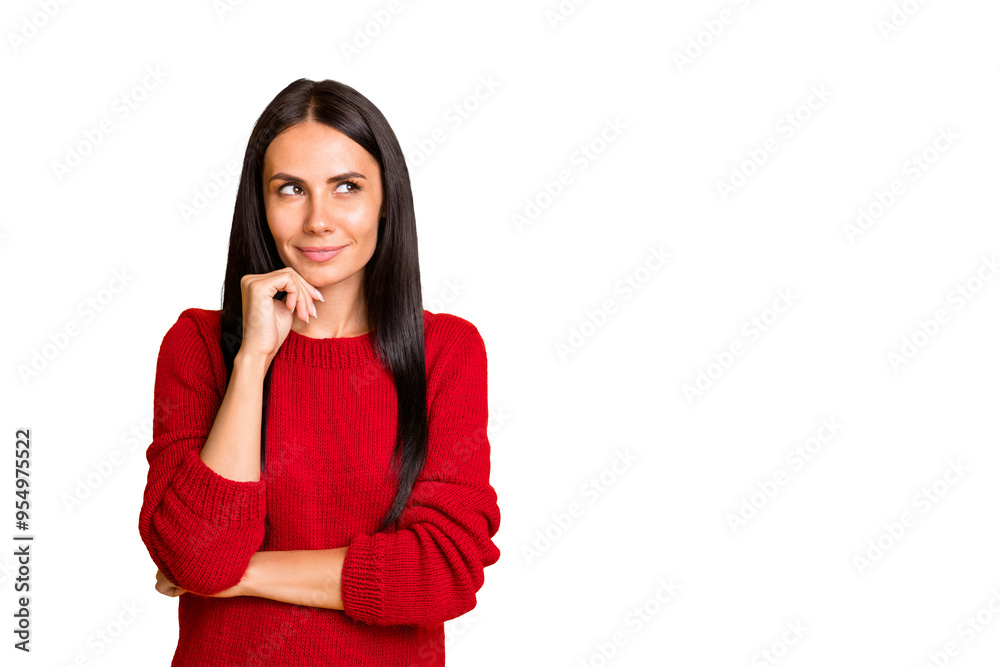Portrait of minded girl think look at copyspace wear red jumper isolated over yellow background Portrait of minded girl think look at copyspace wear red jumper isolated over yellow background